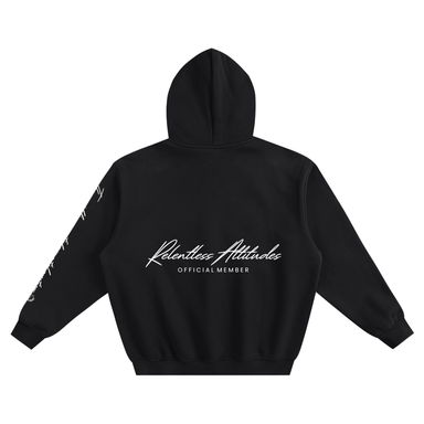 The back of the black and white Official Member Hoodie